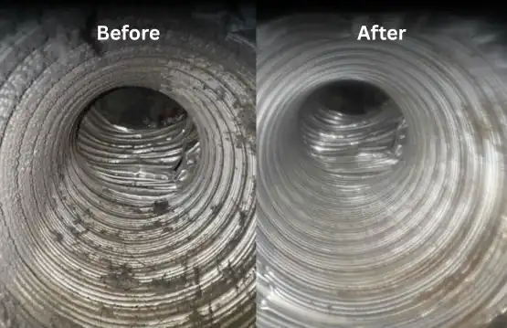 Before-and-after camera inspection view inside residential ductwork